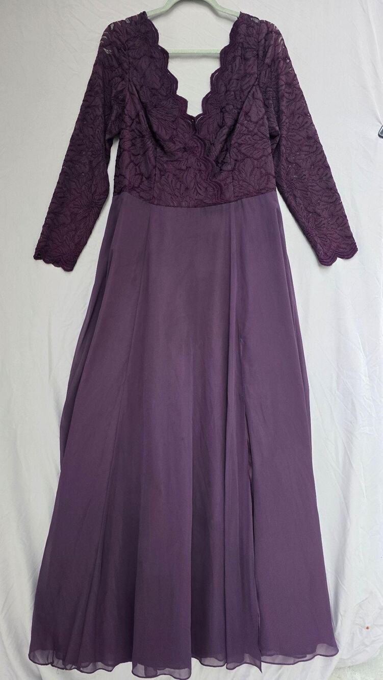 Celebrate DB Studio Dress Womens 14 Purple V Neck Lace Chiffon Maxi Bridesmaid